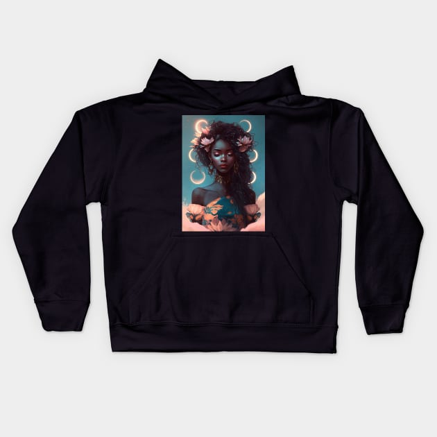 Aesthetic Beautiful Black Woman Moon Phase Kids Hoodie by GothicDesigns